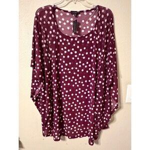 Lane Bryant Plus Size Burgundy White Polka Dot Sheer‎ Batwing Sleeve Top 22 24